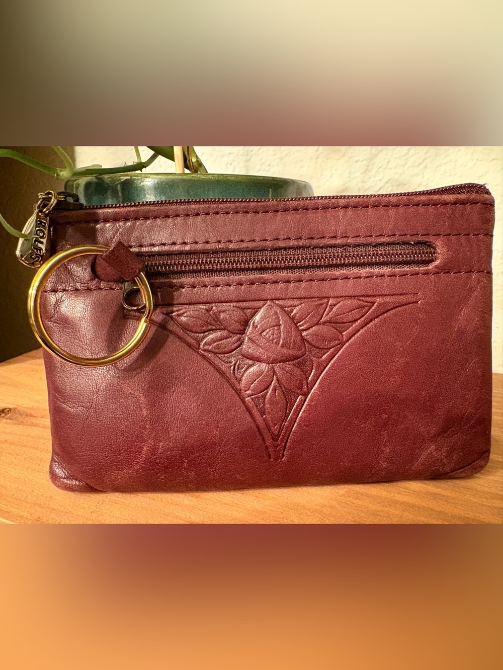 Rolfs Embossed Floral Leather Wristlet - Burgundy